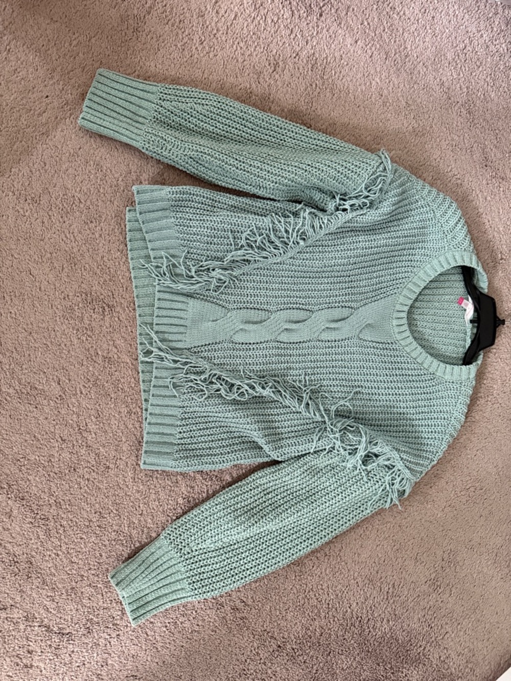 Fringe Detail Mint Green Cable Knit Sweater - Women